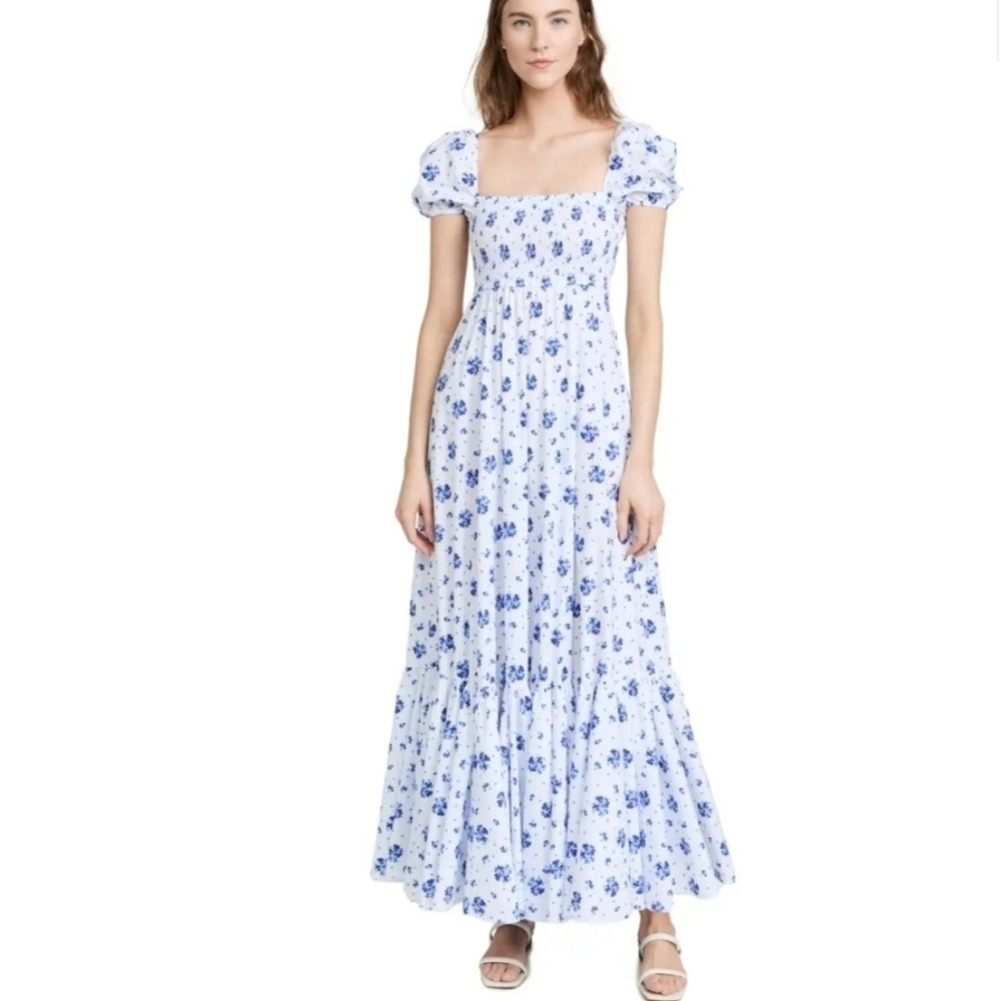 Caroline Constas Gianna Smocked Puff Sleeve Maxi Dress Blue Spot Floral Size XL - Picture 5 of 14